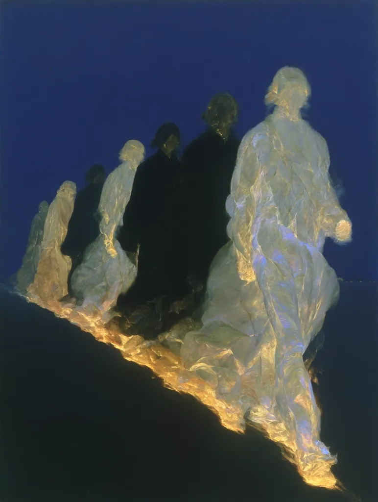 A procession of ethereal figures ascends a luminous path against a deep blue night sky.  Their forms are indistinct, almost ghostly, rendered in pale, luminous colors that suggest movement and light. The figures are draped in flowing robes, their features obscured, creating a sense of mystery and transcendence. The overall effect is dreamlike and suggestive of a spiritual journey.