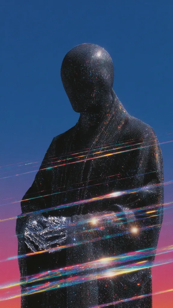 A stylized figure, seemingly robotic, is depicted against a vibrant gradient background.  The figure is clad in a dark, sparkling, possibly rhinestone-encrusted garment.  Its head is covered, obscuring facial features.  The image is overlaid with streaks of light, creating a dynamic, futuristic aesthetic.  The overall mood is one of otherworldly mystery and technological advancement.