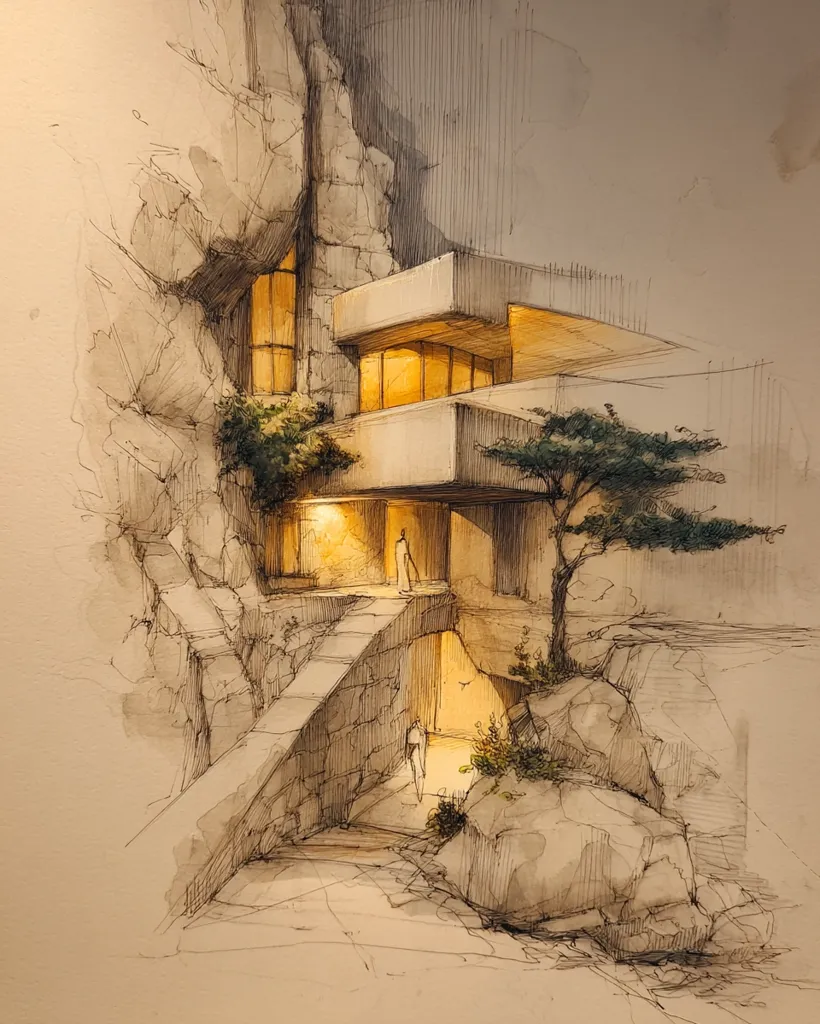 A pen and ink drawing depicts a modern, minimalist house nestled into a rocky cliffside.  Warm interior light illuminates the structure's geometric forms, contrasting with the cool tones of the stone.  A pathway leads to the entrance, flanked by foliage and boulders.  The style suggests an architectural rendering, emphasizing both the building's design and its integration with the natural landscape.  Small figures add a sense of scale and human presence.