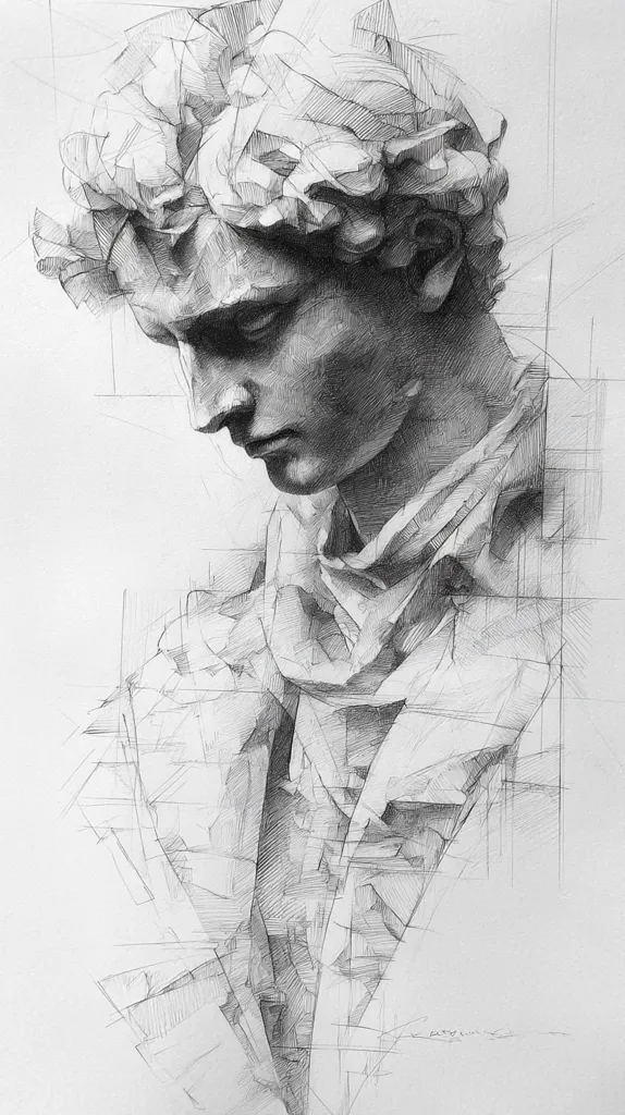 A detailed pencil sketch captures a classical bust, possibly inspired by Greek sculpture.  The artist uses intricate shading and linework to depict the subject's pensive expression and the texture of the draped garment.  The style incorporates geometric underdrawings, creating a sense of depth and form.  The overall effect is a study in light, shadow, and the human form rendered with remarkable skill.