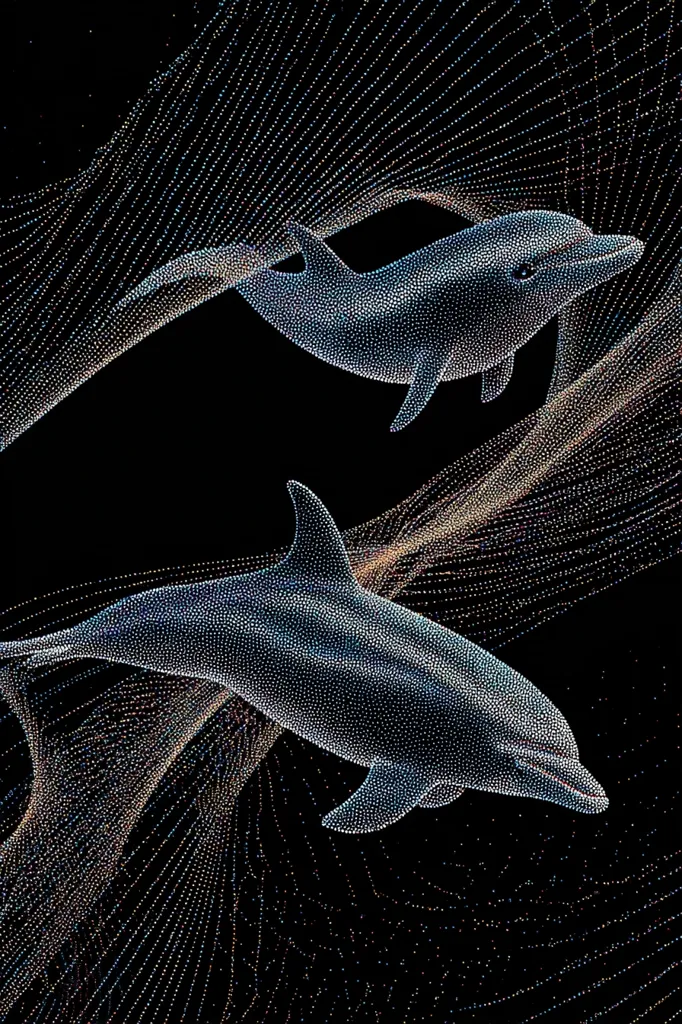 Two dolphins gracefully swim through a shimmering, abstract net of light.  The dolphins are depicted in pointillist style, their forms built from countless tiny dots of varying shades, creating a sense of depth and movement. The dark background enhances the luminous quality of the dolphins and the ethereal net, suggesting an underwater scene of great beauty and mystery.