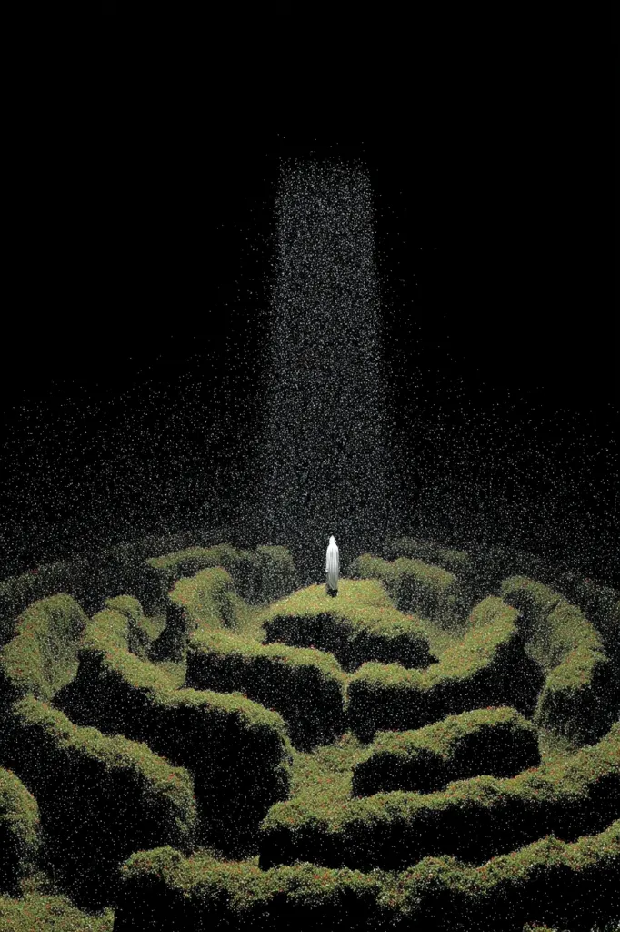 A lone figure, cloaked in white, stands at the center of a verdant maze.  A gentle rain, or perhaps falling snow, softly descends, creating a serene yet mysterious atmosphere. The dark background emphasizes the isolation of the figure within the intricate, plant-covered labyrinth. The image evokes a sense of contemplation and the search for a path.