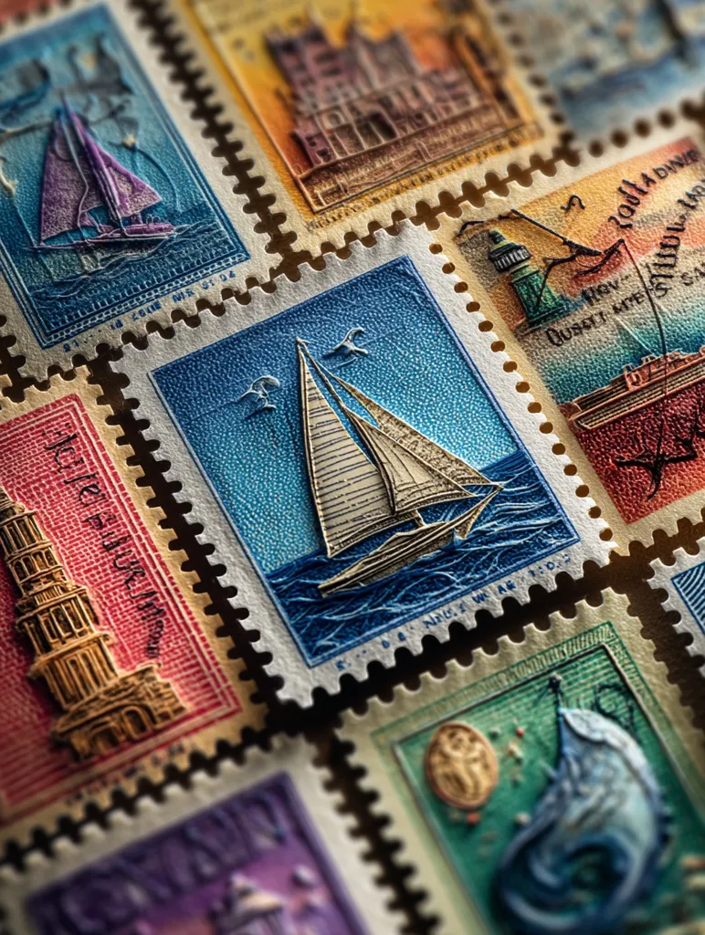 A close-up shot reveals a collection of vintage postage stamps, their vibrant colors and intricate designs showcasing diverse imagery.  Sailboats on tranquil seas, historical buildings, and possibly a lighthouse are depicted, hinting at a global selection.  The stamps are intricately detailed, showing the craftsmanship of bygone eras.  The overall effect is one of rich history and global connectivity.