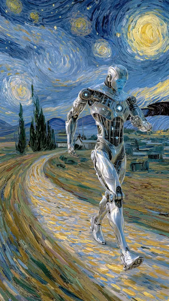 A chrome robot strides along a winding path, its metallic form contrasting with the vibrant, swirling brushstrokes of a Van Gogh-esque night sky.  The impasto style of the painting emphasizes the texture of the road and the robot's detailed joints.  The scene evokes a sense of surrealism, blending futuristic technology with a classic artistic style.  The robot appears to be walking towards a village nestled in the distance under the starlit sky.