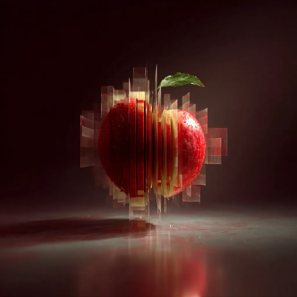 A vibrant red apple, seemingly sliced into numerous translucent sections, is the focal point of this visually striking image.  The apple, glistening with moisture, is presented against a dark, moody background.  The fragmented structure creates an illusion of depth and movement, suggesting a digital or artistic manipulation of the fruit.  A single green leaf adds a touch of nature to the otherwise abstract composition. The reflection on the smooth surface below enhances the overall aesthetic.