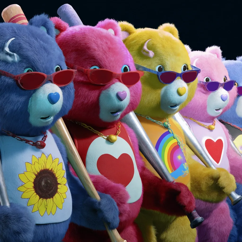 A row of Care Bears, redesigned with a rebellious, edgy aesthetic, stand shoulder to shoulder.  Each bear sports sunglasses and carries a baseball bat.  Their bibs feature unique designs, and gold chains adorn their necks. The overall style is a contrast between the Care Bears' traditionally sweet image and a tougher, more modern look.