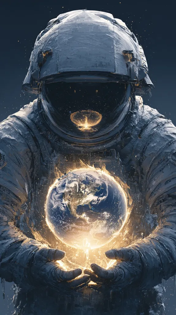 A weathered astronaut, clad in a damaged spacesuit, gently cradles a glowing, ethereal Earth.  The planet radiates a warm light, contrasting with the dark, star-speckled background. The astronaut's helmet reflects a fiery, celestial scene, creating a powerful image of cosmic guardianship and the fragility of our world.  The artistic style is highly textured and dramatic, emphasizing the emotional weight of the scene.