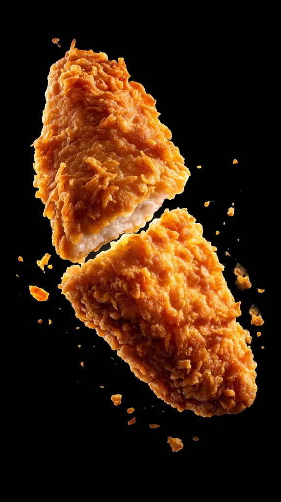 Two pieces of golden-brown, crispy fried fish fillets are captured mid-air against a black background.  The top fillet is slightly separated, revealing the flaky white fish inside.  Crumbs are scattered around the fillets, suggesting a dynamic, freshly-fried movement.  The image emphasizes the texture and appetizing appearance of the food.