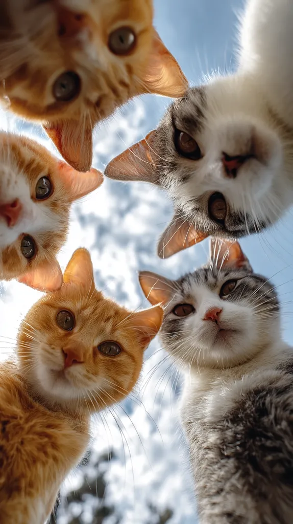 Four cats are gathered together, looking directly upwards at the camera.  Two are ginger, one is grey and white, and the fourth is a mostly white cat with grey patches.  The image is taken from a low angle, creating a playful, upside-down perspective against a bright, cloudy sky. The cats' expressions are curious and engaging.