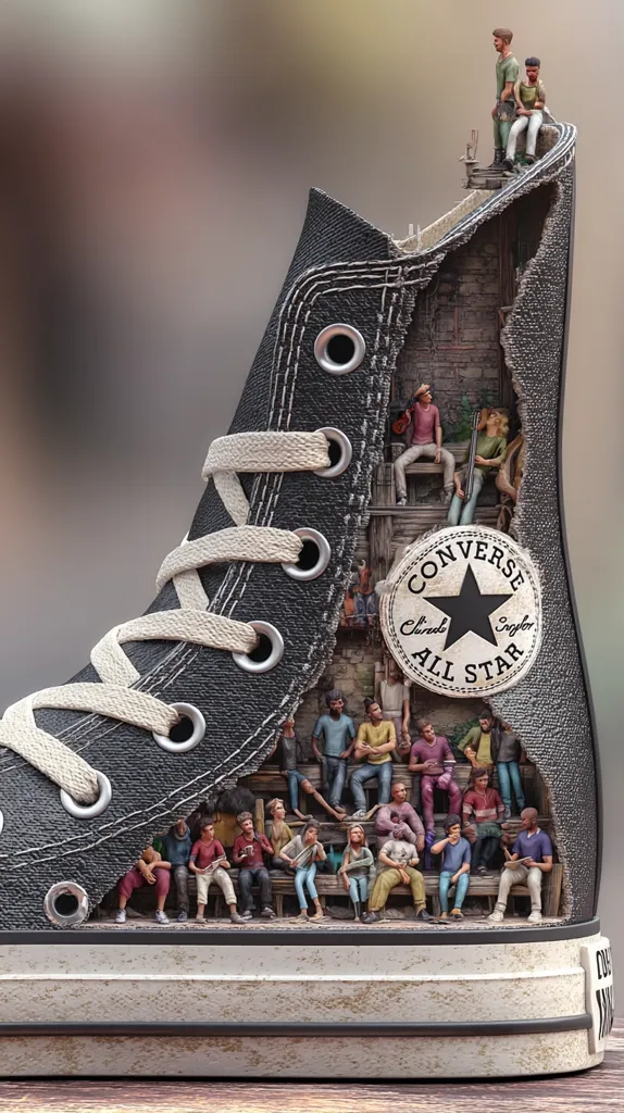 A digital artwork depicts a Converse All Star shoe, its side cut open to reveal a miniature cityscape inside.  Tiny figures inhabit this internal world, engaging in various activities; some sit on benches, others stand on rooftops. The detail is striking, showcasing the shoe's texture and the miniature scene's complexity, creating a surreal and captivating image.  The Converse logo is prominently displayed.