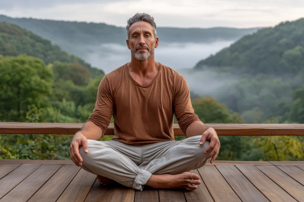 A middle-aged man with graying hair sits in a cross-legged meditation pose on a wooden deck overlooking a misty valley.  He wears a brown long-sleeved shirt and light gray pants.  His expression is serene and peaceful, reflecting a sense of calm amidst the tranquil natural landscape. The background is softly blurred, drawing attention to the man's centered posture.