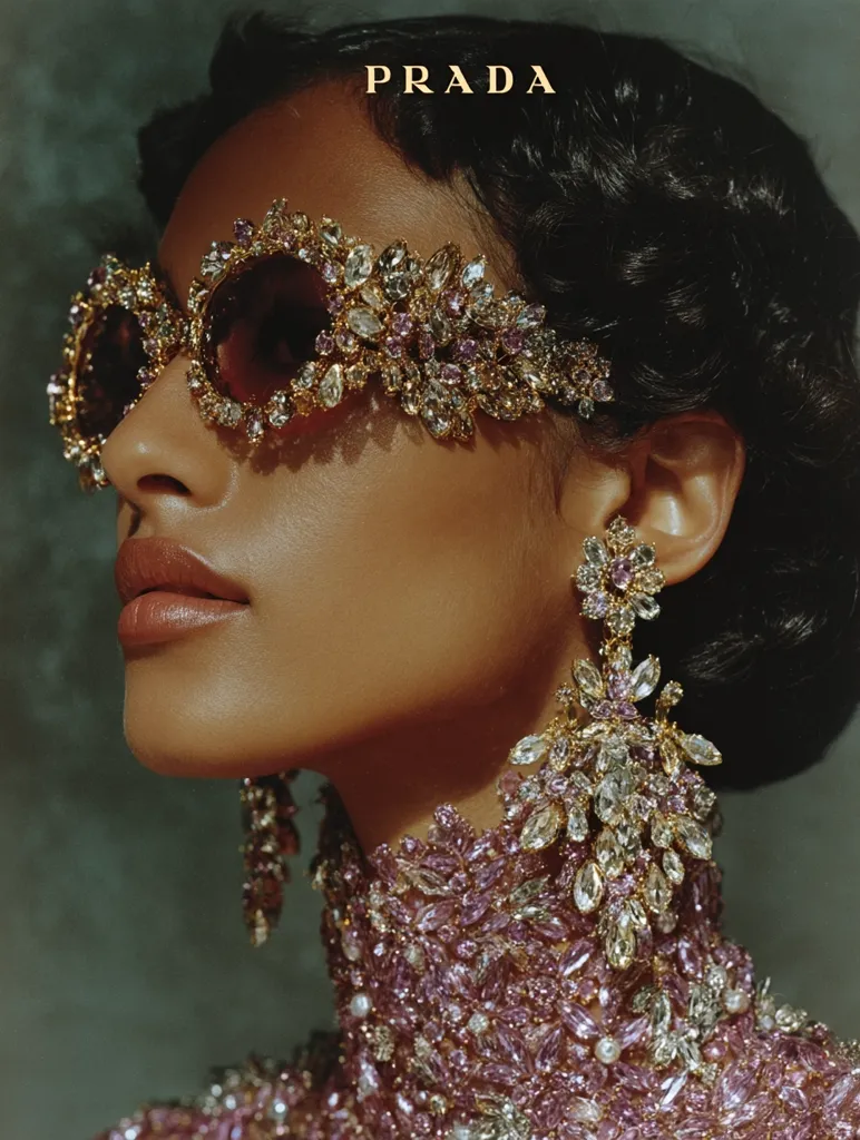 A close-up shot showcases a woman's profile, adorned with extravagant jewelry.  She wears large, jeweled Prada sunglasses, matching ornate earrings, and a bejeweled high-necked garment.  The image is rich in texture and color, highlighting the luxurious and opulent details of the accessories.  The overall aesthetic is glamorous and sophisticated.