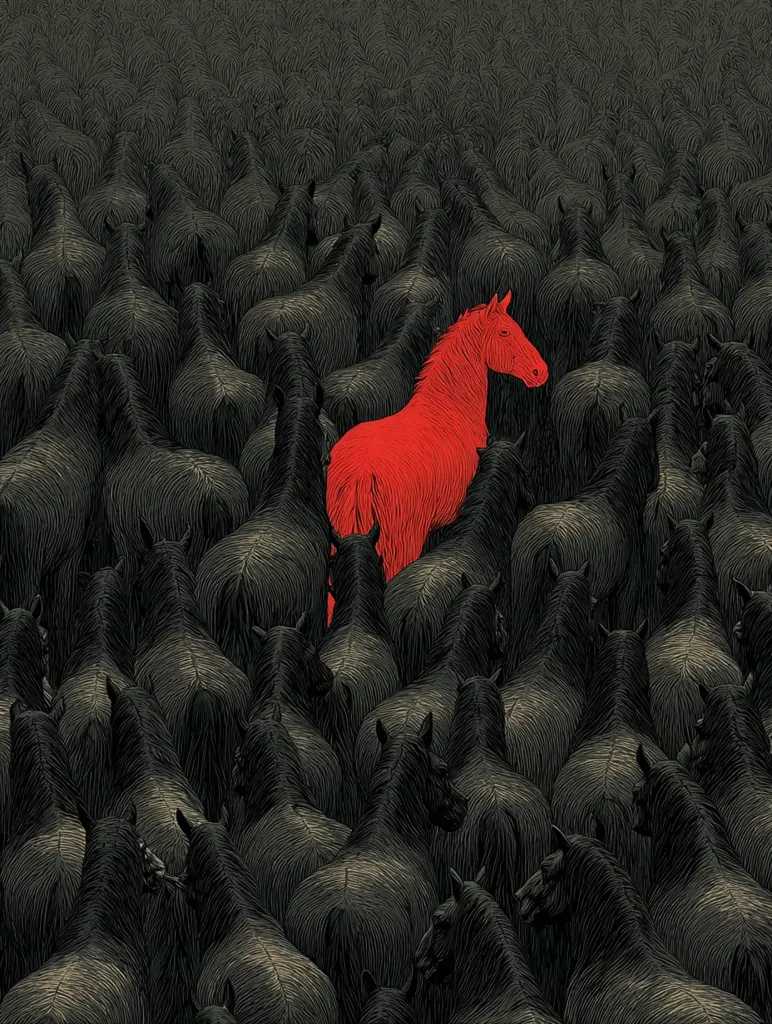 A single vibrant red horse stands out amidst a dense crowd of black horses.  The red horse is centrally positioned, its coat a stark contrast to the surrounding monochrome herd.  The image is detailed, with textured fur depicted on each horse, creating a visually striking and symbolic representation of individuality or standing out from the crowd.