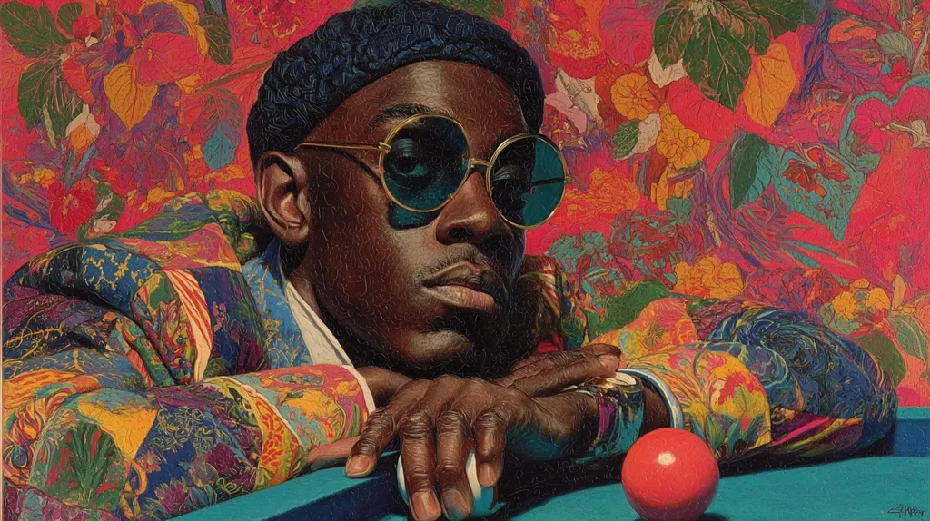 A hyperrealistic portrait of a Black man, wearing a vibrant patterned jacket and round sunglasses, rests his arms on a pool table.  His pensive expression contrasts with the bold, colorful floral background. The image is rich in texture and detail, highlighting the man's dark skin and the intricate design of his clothing.  A red billiard ball sits prominently in the foreground.