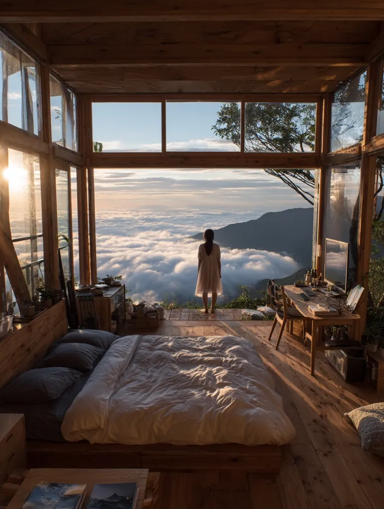 A woman stands before a breathtaking sunrise view from a minimalist wooden cabin. Large windows offer panoramic vistas of a sea of clouds stretching to distant mountains.  Inside, a cozy bedroom with a large bed and simple wooden furniture complements the serene atmosphere. The scene evokes a feeling of peace and tranquility in a secluded, natural setting.