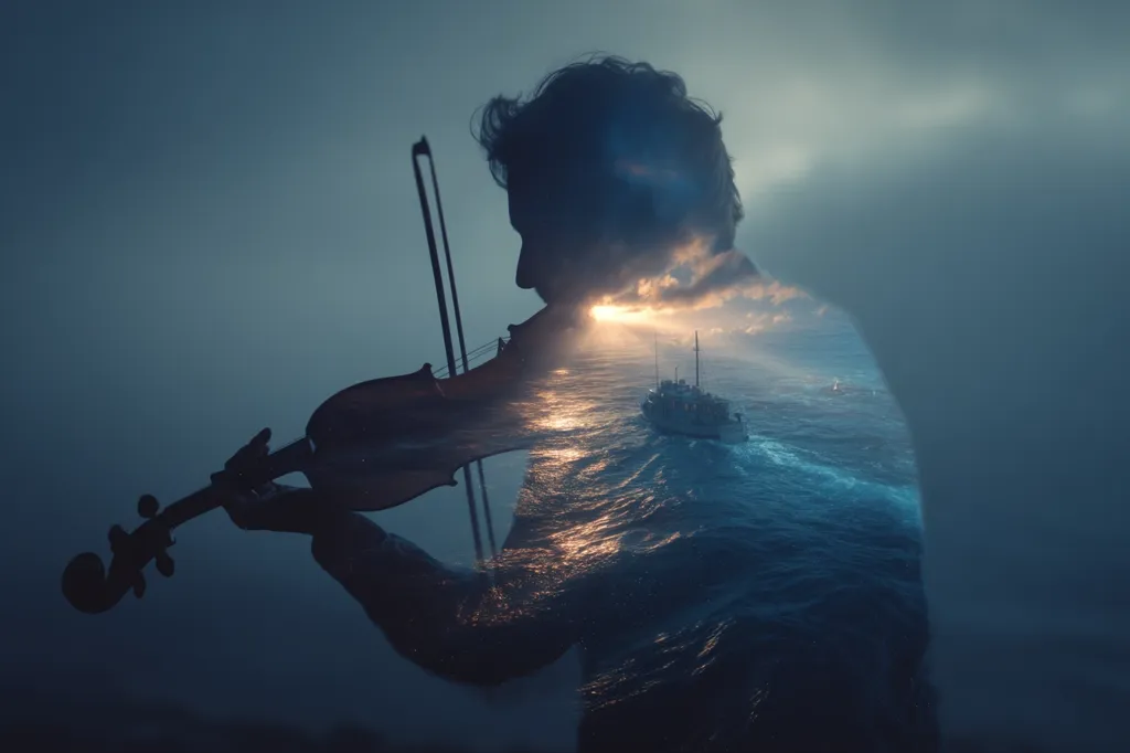 A double exposure image depicts a silhouetted figure playing a violin.  The silhouette is overlaid on a seascape, with a ship sailing on a sunlit ocean at sunset. The image evokes a sense of melancholy and vastness, blending the artistry of music with the immensity of the sea. The dark silhouette contrasts with the bright horizon, creating a visually striking piece.