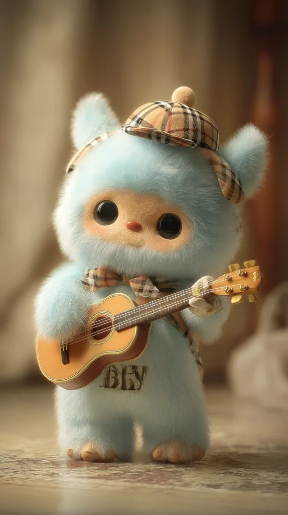 A fluffy, light-blue creature, resembling a bunny, wears a stylish patterned cap and plays a miniature acoustic guitar.  Its large, expressive eyes and soft fur give it a charming and endearing appearance. The creature's outfit includes a small bow tie, adding to its whimsical and adorable nature. The scene is softly lit, enhancing the plush texture of the character.
