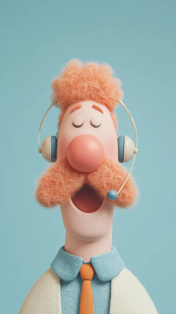 A whimsical 3D-rendered character, resembling a cartoon man, is depicted. He sports bright orange, curly hair and an equally vibrant mustache.  A large, round nose and open mouth add to his expressive features. He wears a headset, suggesting a customer service role, and is dressed in a light cardigan over a blue shirt and orange tie. The background is a soft, light blue.