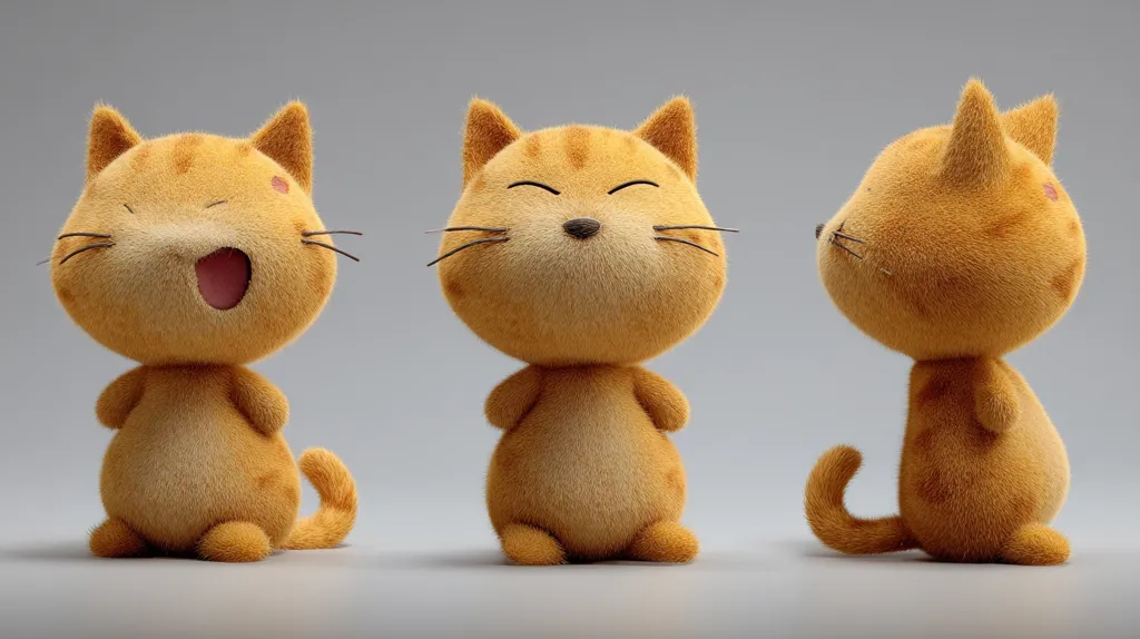Three adorable, fluffy, orange cartoon kittens are presented in a 3/4 view.  One is shown yawning, another is looking forward, and the third is in profile. They have simplified features, giving them a cute, cuddly appearance.  The kittens are rendered in 3D, showcasing soft, realistic fur texture.  The background is a neutral gray, making the kittens stand out.