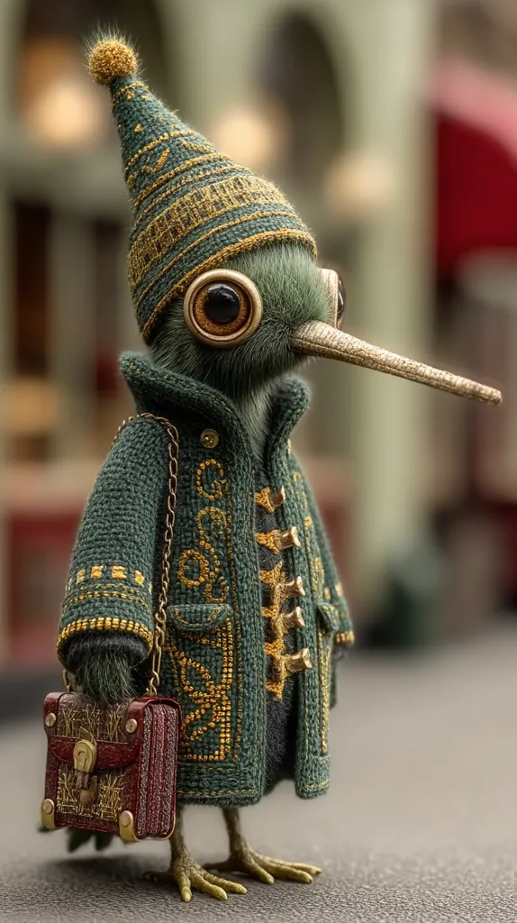 A whimsical 3D-rendered creature, resembling a bird with a long beak, is depicted.  It wears a green knitted coat adorned with gold embroidery, a matching knit hat with a pom-pom, and carries a small, antique-style satchel.  The creature's large, expressive eyes and detailed attire create a charming and sophisticated aesthetic.  The background suggests an urban setting, adding to the character's unique style.