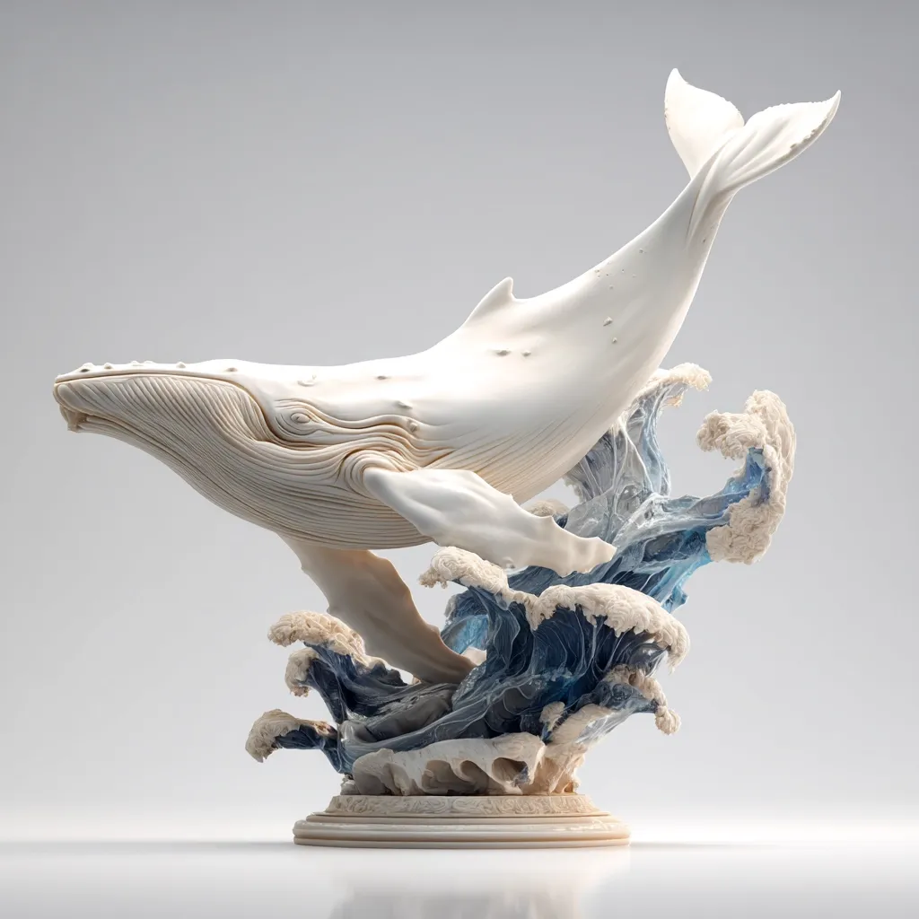 A stunning sculpture depicts a humpback whale breaching the ocean's surface.  The whale, rendered in off-white, is exquisitely detailed, showcasing its textured skin and powerful form.  Below, intricately sculpted waves, in shades of blue and white, provide a dynamic base. The piece is mounted on a circular pedestal, creating a captivating display of artistic skill and natural beauty.