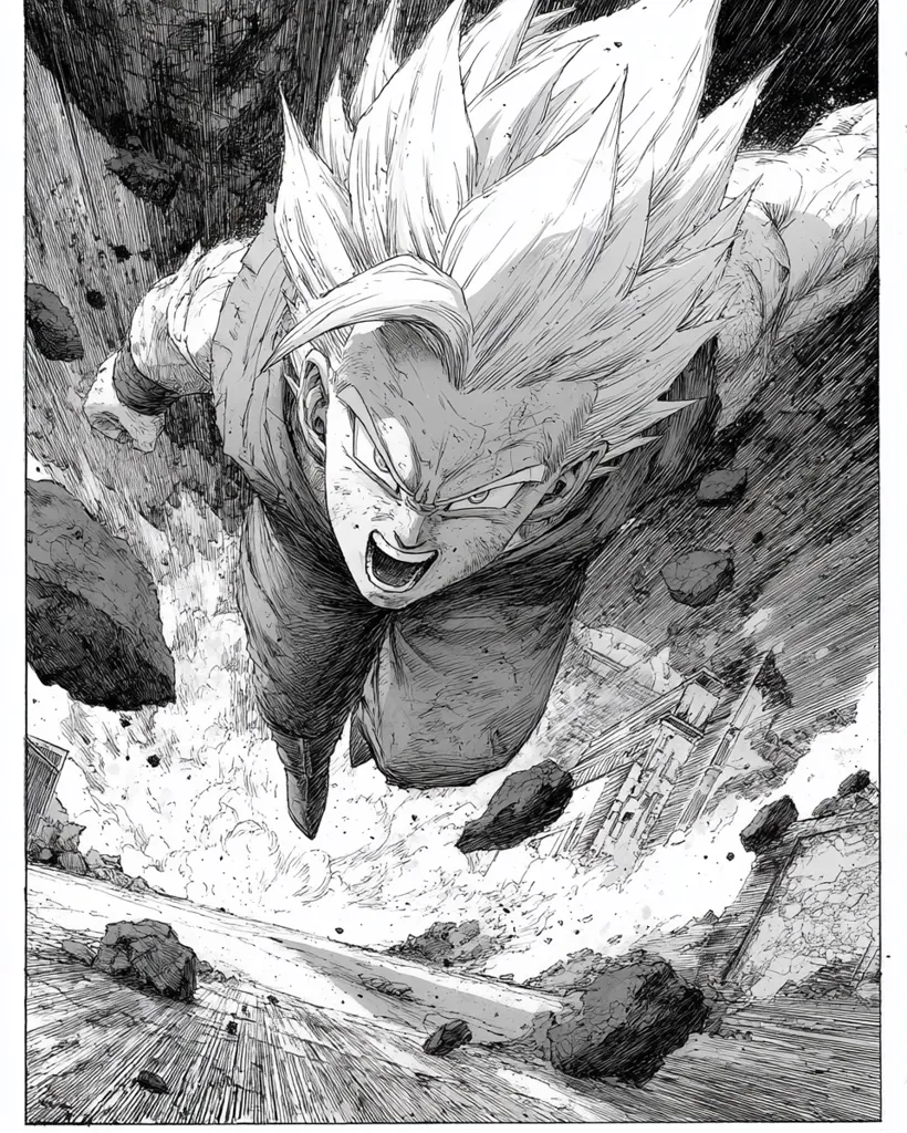 A grayscale manga-style illustration depicts a powerful character, possibly a Saiyan, in mid-flight.  Their spiky, windblown hair and fierce expression convey intense energy.  Debris and dust cloud around them suggesting immense power and destruction in their wake. The background shows a ravaged cityscape, hinting at the scale of their actions. The overall style is dynamic and dramatic, emphasizing the character's strength and ferocity.