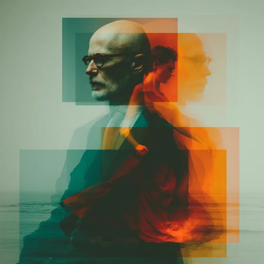 An abstract double exposure image depicts an older man with glasses and a younger woman in a flowing dress.  Their forms overlap and blend, creating a layered effect with teal, orange, and deep red tones. The background hints at an ocean, adding a sense of depth and mystery to the composition.  The overall mood is contemplative and dreamlike, suggesting a connection or intertwined narrative between the two figures.