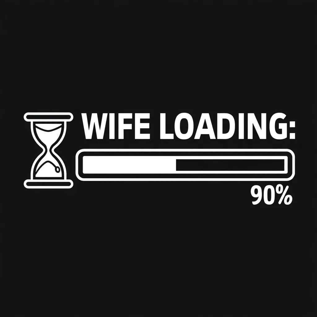 A humorous graphic design on a black background displays "WIFE LOADING:" in bold white text above a progress bar showing 90% completion.  A white hourglass icon is positioned to the left, suggesting a playful wait. The design uses a simple, clean font and style, typical of online loading screens.