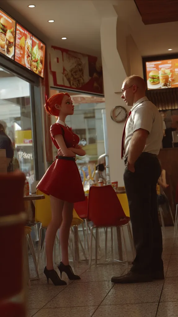 A stylized, animated woman in a red dress stands with arms crossed, conversing with a man in a white shirt and dark trousers inside a fast-food restaurant.  The restaurant is brightly lit, showcasing menu boards displaying burgers and fries.  The scene has a retro, slightly whimsical aesthetic, enhanced by the woman's design and the warm lighting. The man appears to be addressing the woman, possibly a server or customer.
