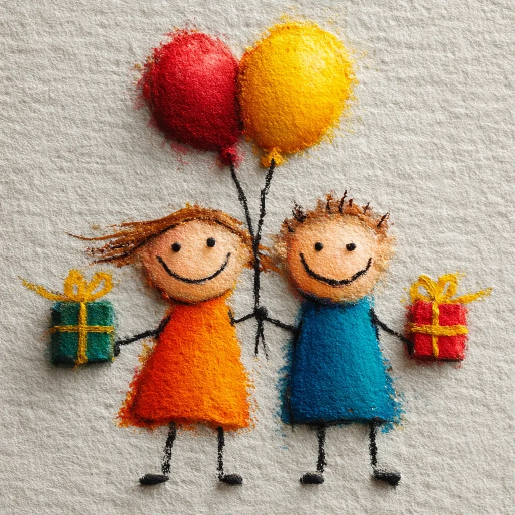 A cheerful illustration depicts two smiling children, a girl in orange and a boy in blue, holding hands. They stand beneath two balloons, one red and one yellow, and each carries a wrapped present.  The simplistic crayon-like style evokes a childlike sense of joy and celebration. The textured background enhances the handmade feel.