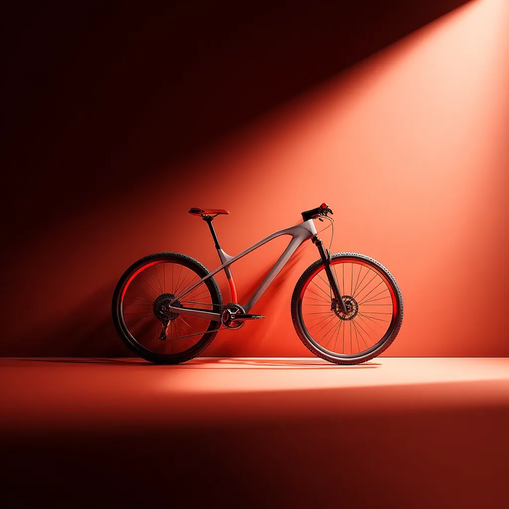 A sleek, light grey mountain bike with red accents stands against a burnt orange wall, illuminated by a single spotlight.  The bicycle's modern design is emphasized by the clean background.  The image evokes a sense of speed and performance, showcasing the bike's sophisticated aesthetics.  The contrast between the bike and the background creates a visually striking image.
