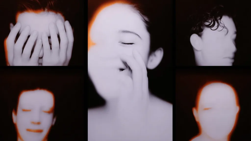 A collage of four monochromatic portraits, each depicting a person's face with varying degrees of obscuration.  Faces are partially or fully blurred, some with hands covering eyes or mouth, creating a sense of anonymity and hidden emotion.  A warm orange glow is subtly present around some of the faces, adding a dramatic contrast to the dark background. The overall effect is one of mystery and introspection.