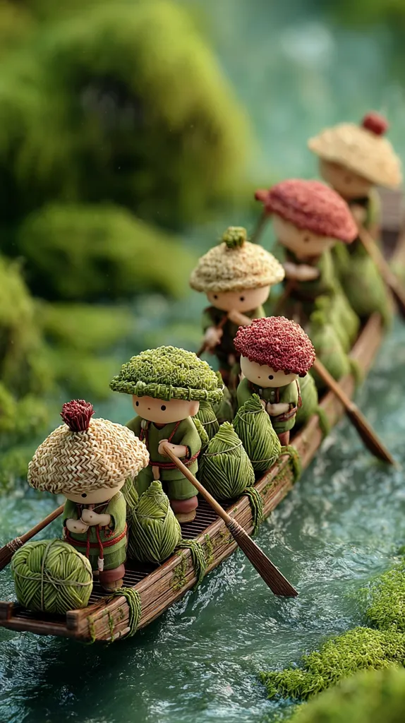 A miniature scene depicts a wooden boat navigating a tranquil stream.  Five charming, handcrafted figures, each wearing a unique hat and carrying bundles of what appear to be yarn or rice, row the boat. The figures and boat are detailed, showcasing meticulous craftsmanship. The lush green moss surrounding the stream enhances the serene and idyllic atmosphere.  The overall aesthetic is whimsical and enchanting.