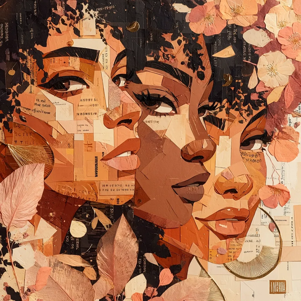 A stunning collage artwork depicts two women's faces, meticulously crafted from textured paper pieces in warm, earthy tones of peach, brown, and beige.  Dried flowers and leaves are artfully incorporated, adding depth and a natural element to the piece. The overall effect is one of beauty, sophistication, and artistic skill, creating a harmonious blend of organic and geometric forms.