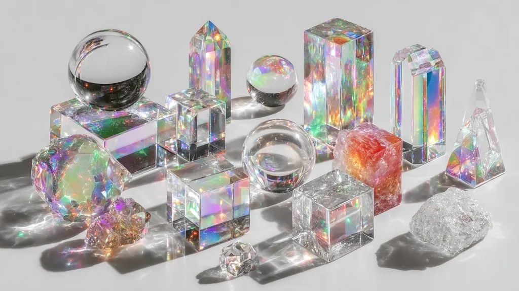 An array of iridescent glass and crystal objects is artfully arranged on a light gray surface.  The collection includes cubes, spheres, points, and irregularly shaped pieces, all exhibiting a rainbow-like sheen.  Light reflects and refracts through the transparent forms, creating vibrant patterns and shadows.  A reddish-orange crystal adds a contrasting pop of color. The overall impression is one of ethereal beauty and delicate craftsmanship.