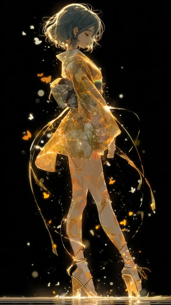An anime girl with short, dark hair is depicted in a flowing, golden kimono.  She stands gracefully, her pose suggesting a gentle sadness.  Golden butterflies and shimmering particles surround her, creating a magical, ethereal atmosphere against a black background.  Her shoes are high-heeled and seem to glow, adding to the overall luminous effect.  The art style is detailed and evocative, emphasizing light and movement.