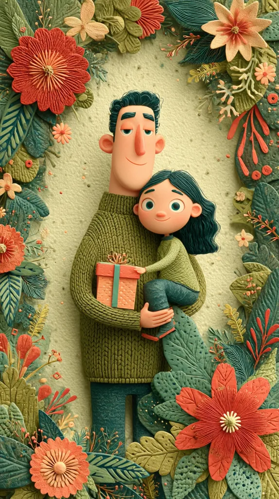 A charming illustration depicts a father and daughter, lovingly embraced. The father, wearing a green knit sweater, holds a gift. His daughter, with dark hair, rests contentedly in his arms.  They are surrounded by a vibrant, intricately detailed floral frame, created with textured, layered flowers and leaves in shades of green, orange, and red. The overall style is reminiscent of papercraft or claymation.