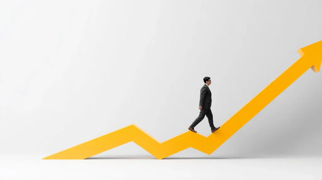 A businessman in a dark suit walks confidently along a large, upward-trending yellow arrow against a minimalist white background.  The arrow symbolizes growth, progress, and success. The image represents ambition, achievement, and the journey toward upward mobility in business or career.  The scene is clean and modern, emphasizing the concept of positive trajectory.