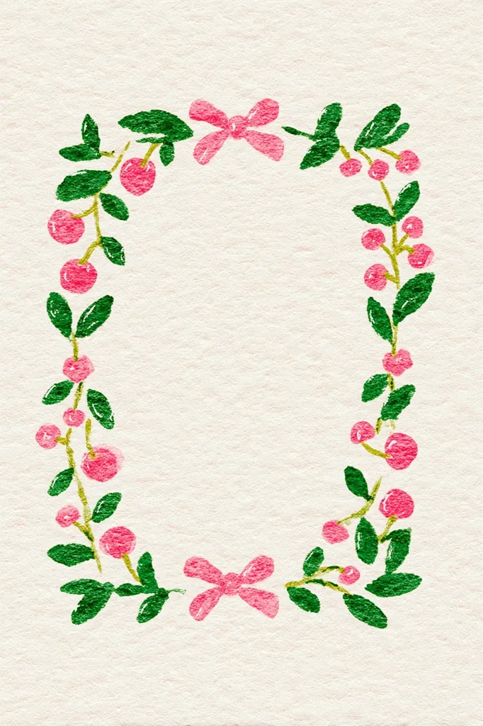A hand-painted floral frame adorns a cream-colored background.  Two pink bow-like flowers anchor the top and bottom of the oval frame, which is composed of green leaves and small, pink berries arranged in a flowing, continuous pattern. The painting style is simple and charming, with a slightly textured effect. The overall impression is one of delicate springtime beauty and simplicity.