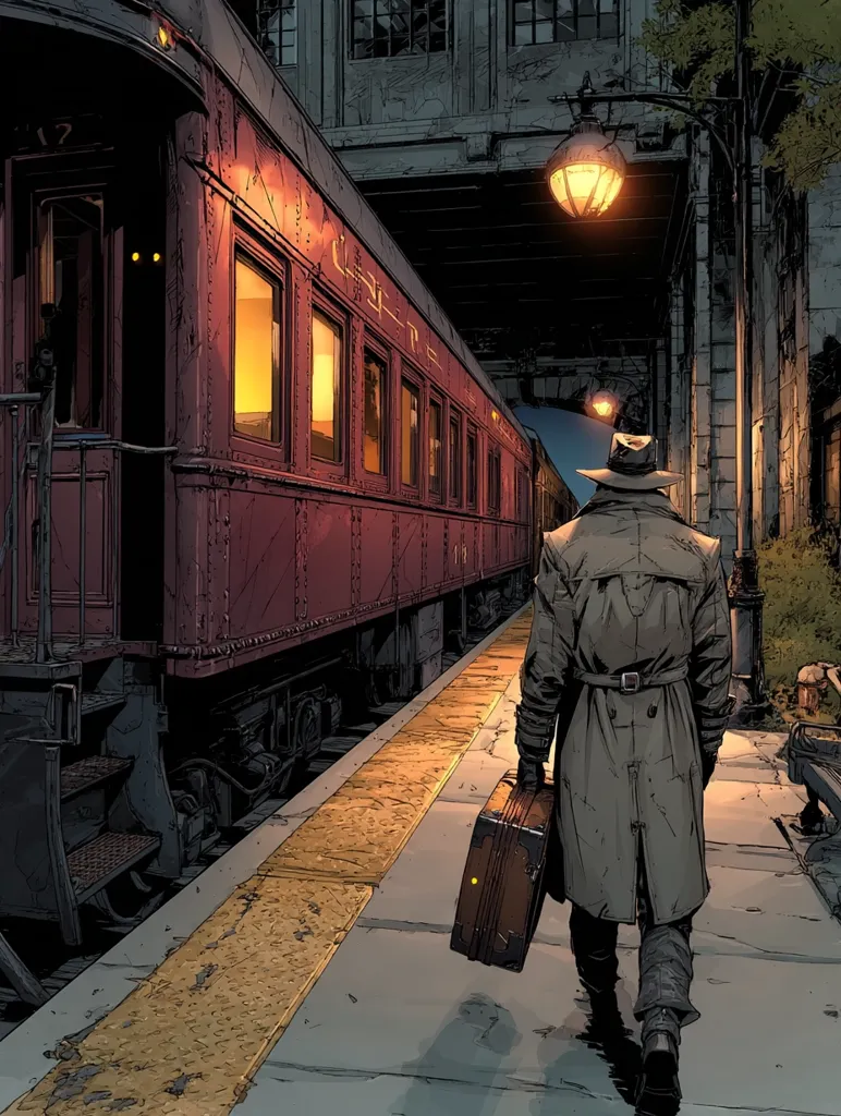 A lone figure in a trench coat and fedora walks away from a vintage train at a dimly lit station.  The train cars glow with warm interior light, contrasting with the cool tones of the night.  The man carries a brown suitcase, his back to the viewer, creating a sense of mystery and departure. The scene evokes a classic noir atmosphere.