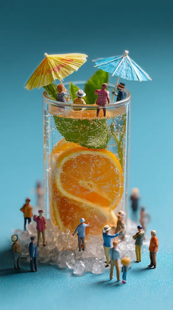 Miniature people relax under tiny parasols perched atop a tall glass filled with a refreshing orange and mint beverage.  The drink is surrounded by ice and more miniature figures, creating a whimsical summer scene.  The overall effect is a playful and creative composition.