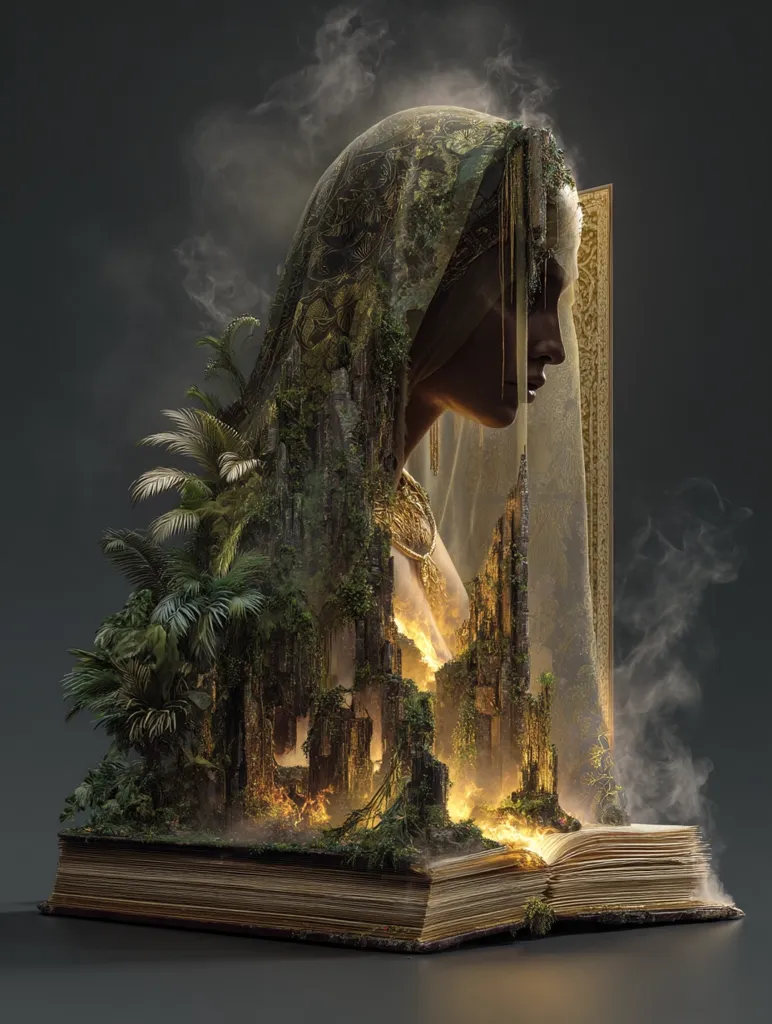 A digital artwork depicts a veiled woman's profile emerging from an open book.  The veil is textured like a tapestry and incorporates lush jungle vegetation.  The book's pages reveal a miniature, glowing landscape of ruins, overgrown with plants and hinting at a fiery past.  Smoke softly surrounds the scene, adding a mystical, ethereal quality. The overall composition is surreal and evocative of fantasy or mythology.