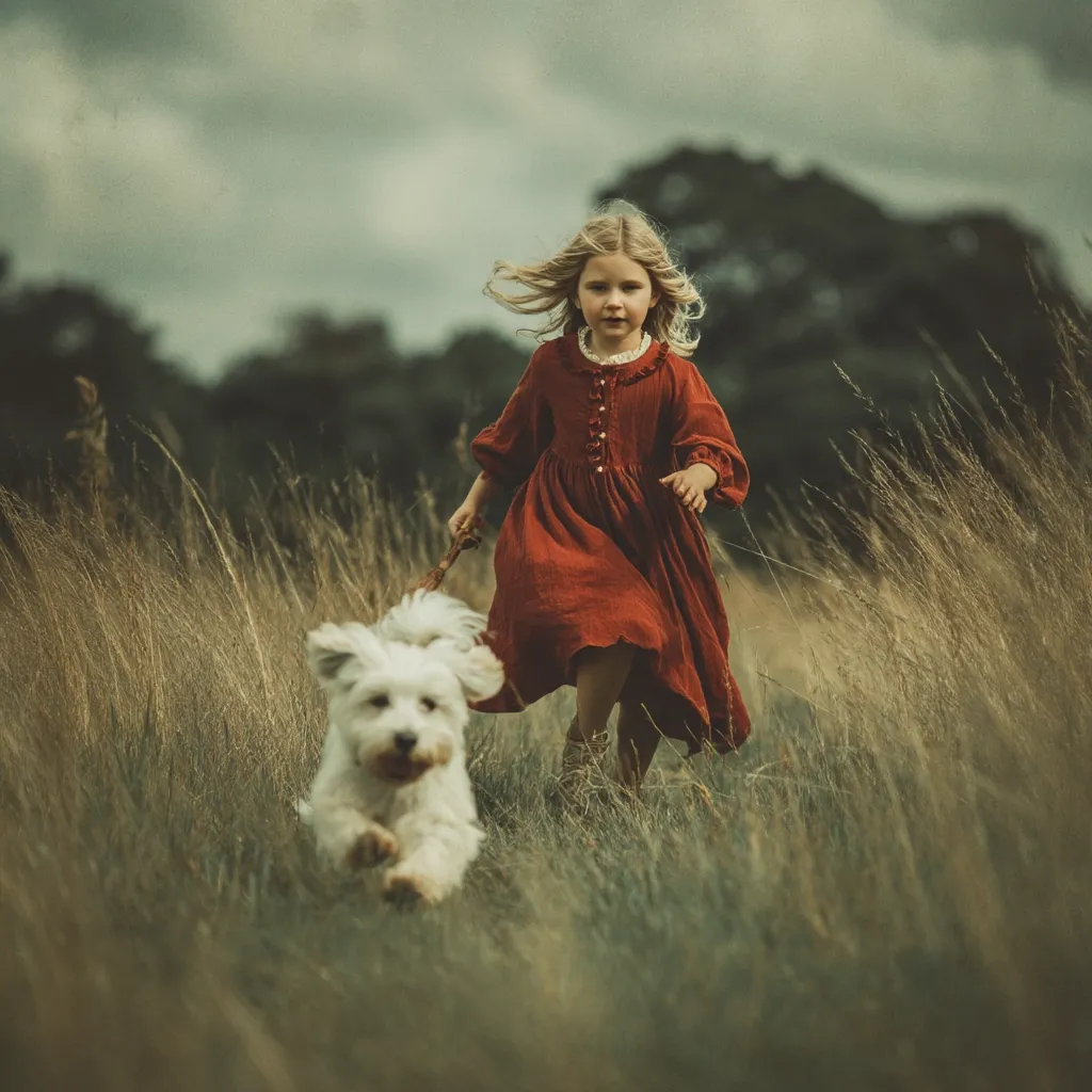 A young girl in a long, rust-colored dress runs through tall grass, her fluffy white dog trotting beside her.  The scene is set against a moody, overcast sky.  The girl's hair flows behind her as she joyfully races, creating a picturesque and whimsical moment in nature. The overall tone is serene and slightly melancholic.