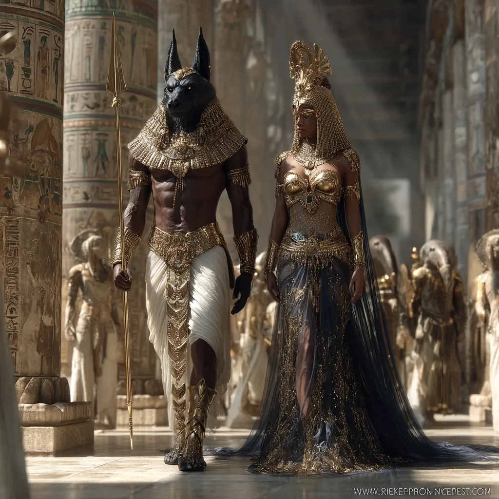 A majestic Anubis-headed figure, adorned in gold and white, carries a spear, walking alongside a regal queen in an elaborate gold and black gown.  They process through a grand ancient Egyptian hall, flanked by attendants, the scene bathed in sunlight. The intricate detail of their attire and the architecture showcases a powerful and opulent aesthetic.