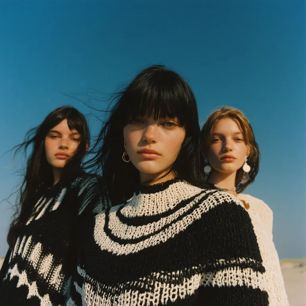 Three young women stand against a bright blue sky, their dark hair blowing gently. The central figure wears a striking black and white knit sweater, while the women on either side sport similar patterned sweaters. They gaze directly at the camera, conveying a sense of cool confidence and effortless style. The overall aesthetic is one of relaxed sophistication and natural beauty.