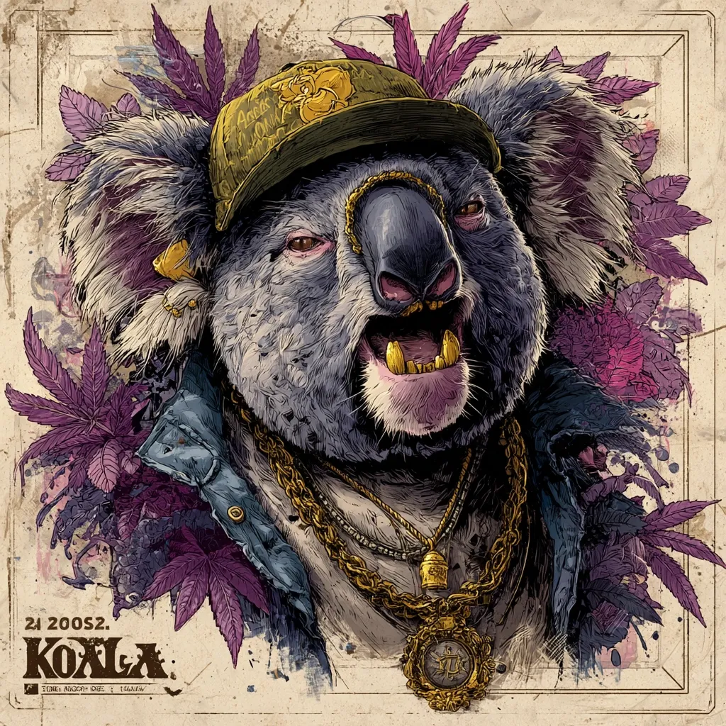 A detailed illustration features a koala bear adorned in gold chains, a baseball cap, and a denim jacket.  Surrounding the koala are stylized purple marijuana leaves and flowers, creating a vibrant, almost psychedelic backdrop. The koala's expression is bold and slightly mischievous, with gold teeth prominently displayed. The overall style is a blend of realism and graphic art, suggesting a hip-hop or streetwear aesthetic. The text "KOXLA" and "21 20052" are visible.
