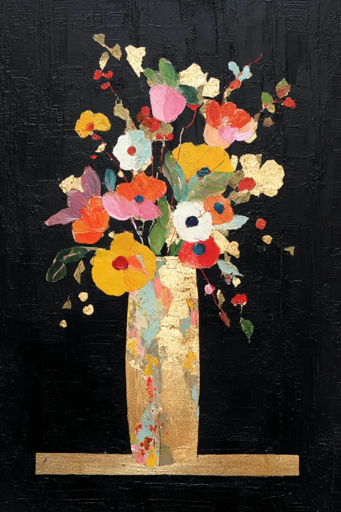 A vibrant floral still life painting showcases a bouquet of colorful flowers in a gold-accented vase against a dark background.  The flowers, rendered in a loose, expressive style, feature a range of hues including reds, oranges, yellows, pinks, and whites.  Gold leaf accents add a touch of luxury. The vase sits on a narrow gold shelf, enhancing the composition's dramatic effect. The dark backdrop emphasizes the flowers' bright colors and the gold highlights.