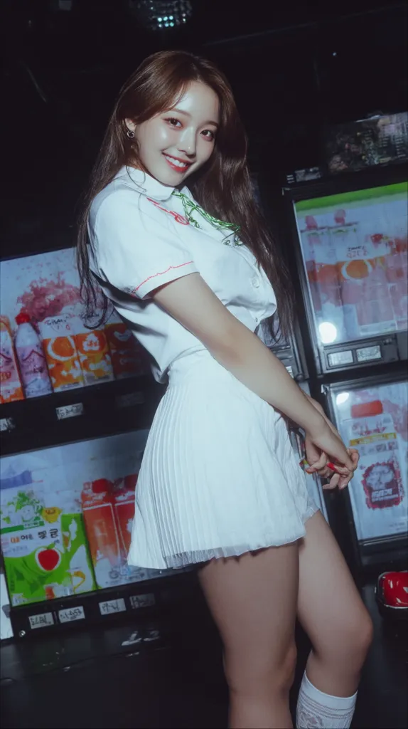 A young woman with long brown hair smiles confidently. She's wearing a white pleated mini-skirt and a matching short-sleeved shirt.  The setting appears to be a dimly lit convenience store or vending machine area, with brightly colored drinks visible in the background. The overall mood is stylish and slightly edgy.