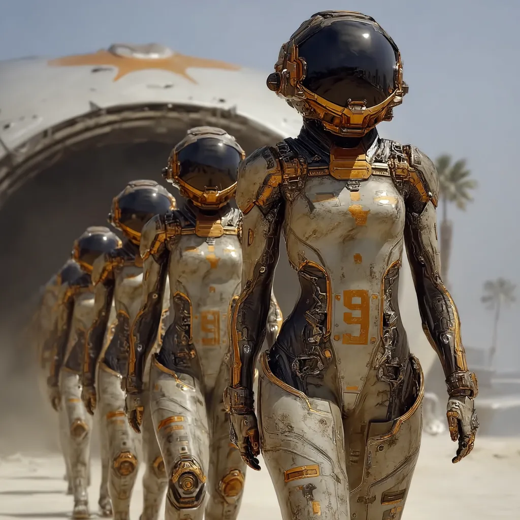 A line of female androids in weathered, off-white suits with gold accents marches towards the viewer.  Their helmets are closed, and they appear to be in a desert environment, with a large, damaged spacecraft visible in the background.  The number "9" is prominently displayed on the central figure's suit.  The scene evokes a futuristic, possibly post-apocalyptic setting.