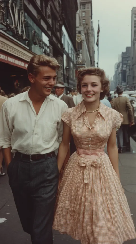 A young couple strolls down a bustling New York City street in the 1950s.  The woman wears a charming gingham dress cinched at the waist with a bow, while the man sports a crisp white shirt and dark trousers.  Background buildings and pedestrians create a lively urban scene, showcasing the fashion and atmosphere of the era.  The image captures a moment of youthful romance amidst the city's energy.